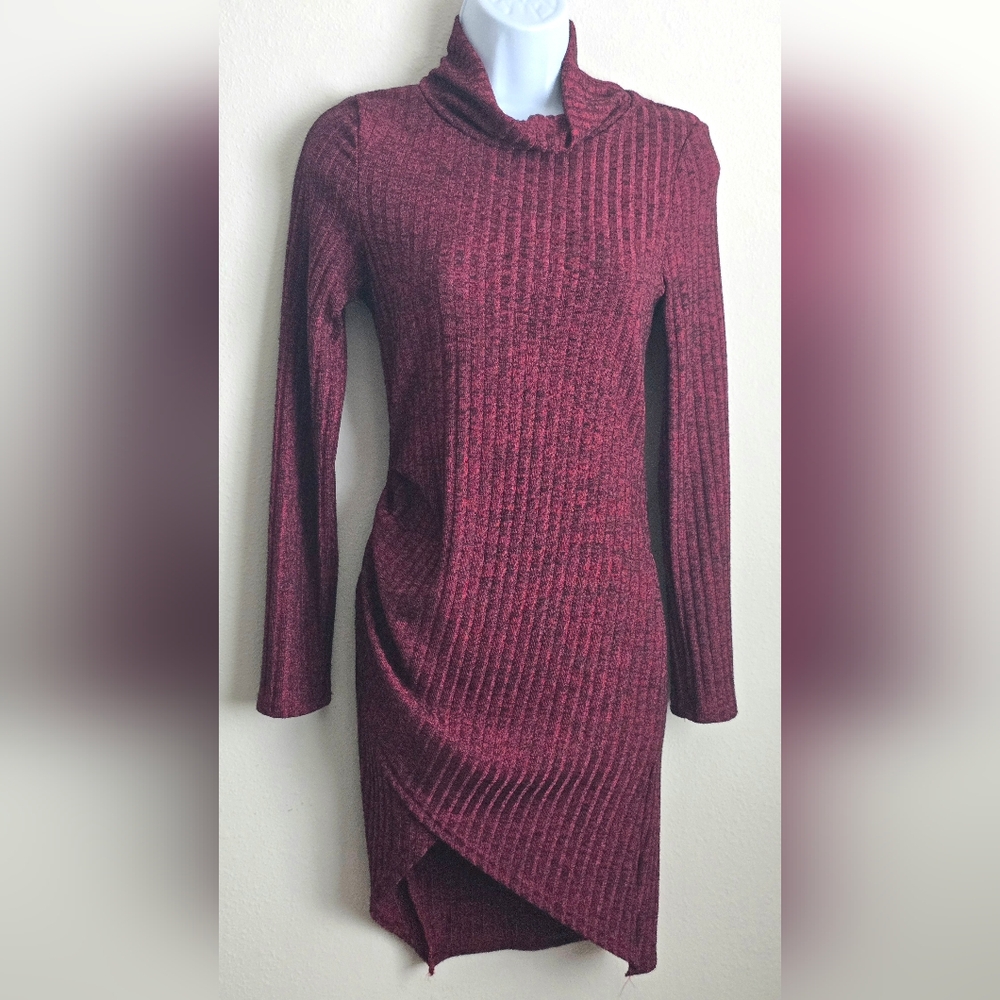 A'gaci Burgundy Ribbed Knit Long Sleeve Turtleneck Slit Dress Size Small